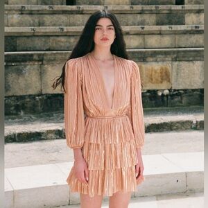 NWT Sabina Musáyev Revolve Mina Pleat Plunge Mini Dress Party Peach Metallic XS‎